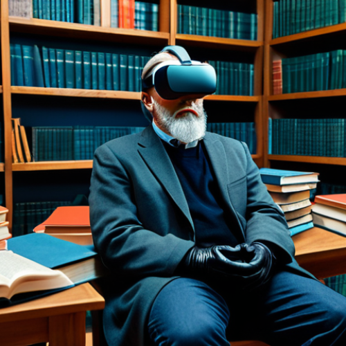 Home 9 **
"A scholar in a modest academic setting, surrounded by books and VR headsets, contemplating the philosophical implications of virtual reality. Safe for work, appropriate content, fully clothed, professional, perfect anatomy, natural proportions, high quality, thoughtful expression, well-lit environment."
**