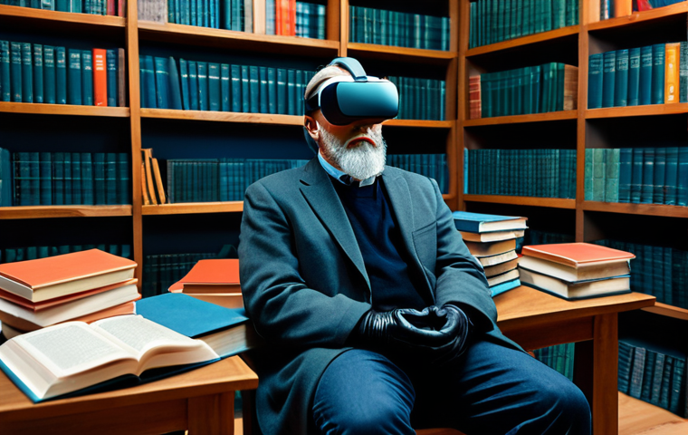 **

"A scholar in a modest academic setting, surrounded by books and VR headsets, contemplating the philosophical implications of virtual reality. Safe for work, appropriate content, fully clothed, professional, perfect anatomy, natural proportions, high quality, thoughtful expression, well-lit environment."

**