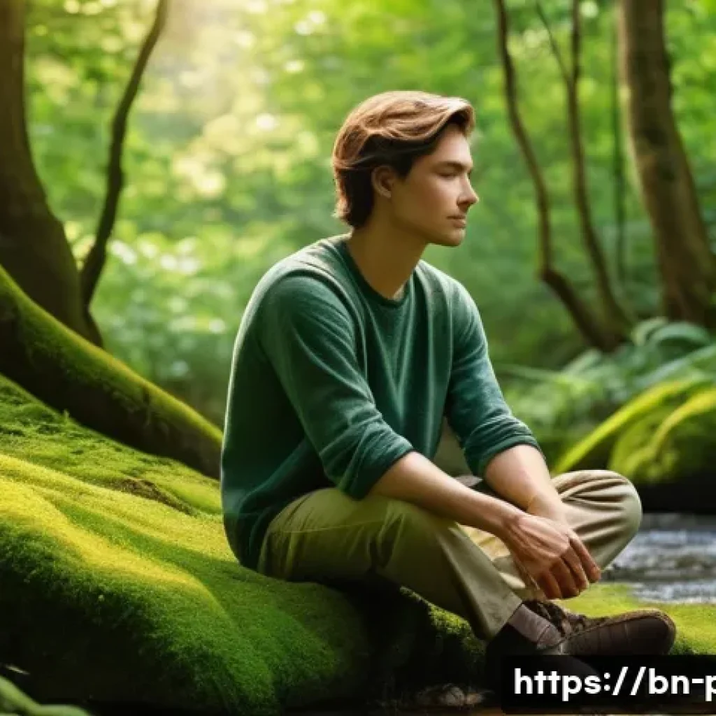 장자의 자연주의 철학 - **Prompt:** A serene, gender-neutral young adult, dressed in comfortable, modest casual wear (such a...