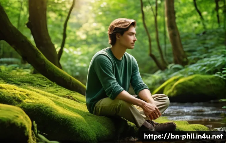 장자의 자연주의 철학 - **Prompt:** A serene, gender-neutral young adult, dressed in comfortable, modest casual wear (such a...