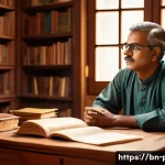 공리주의와 칸트주의 비교 - A thoughtful Bengali man sitting at a traditional wooden desk in a cozy, sunlit room filled with boo...
