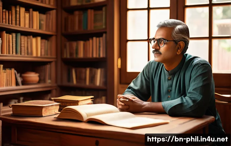공리주의와 칸트주의 비교 - A thoughtful Bengali man sitting at a traditional wooden desk in a cozy, sunlit room filled with boo...