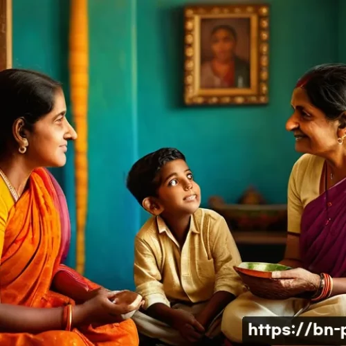 실천 철학과 정치 철학의 접점 - A thoughtful Bengali family scene in a cozy home environment, showing multiple generations engaging ...