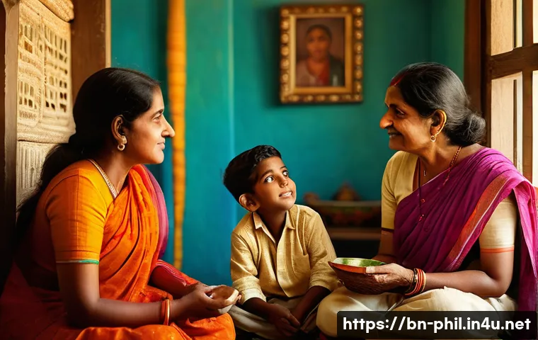 실천 철학과 정치 철학의 접점 - A thoughtful Bengali family scene in a cozy home environment, showing multiple generations engaging ...