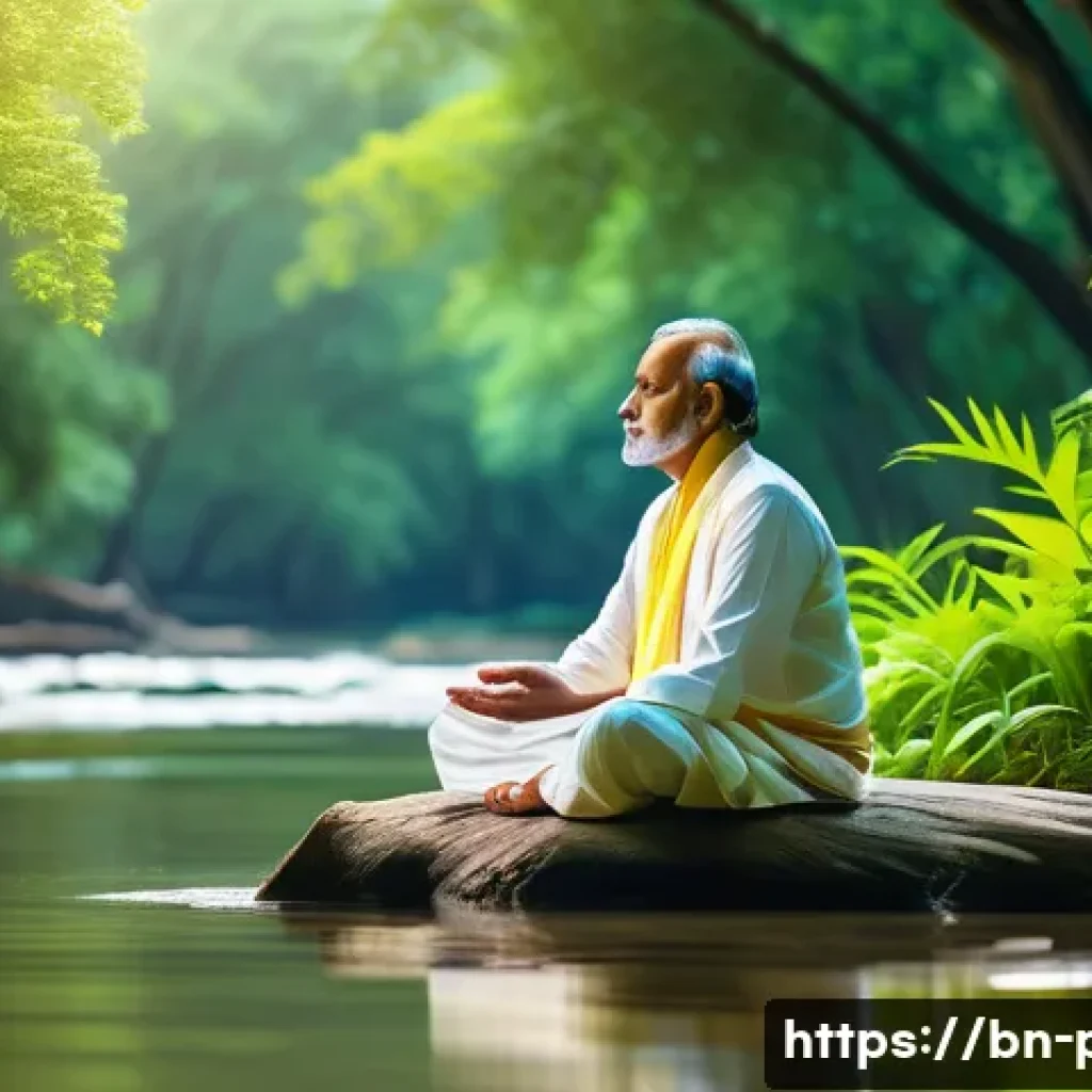 동양 철학에서의 도와 기 개념 - A serene scene depicting a flowing river symbolizing the natural flow of life, surrounded by lush gr...