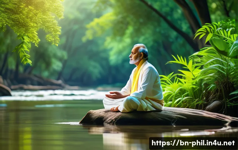 동양 철학에서의 도와 기 개념 - A serene scene depicting a flowing river symbolizing the natural flow of life, surrounded by lush gr...